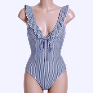 Seamolly Blue White Striped Ruffle V-Neck One Piece Swimsuit NWT Size S